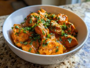 A white bowl filled with creamy, orange Butter Chicken, garnished with fresh chopped cilantro.