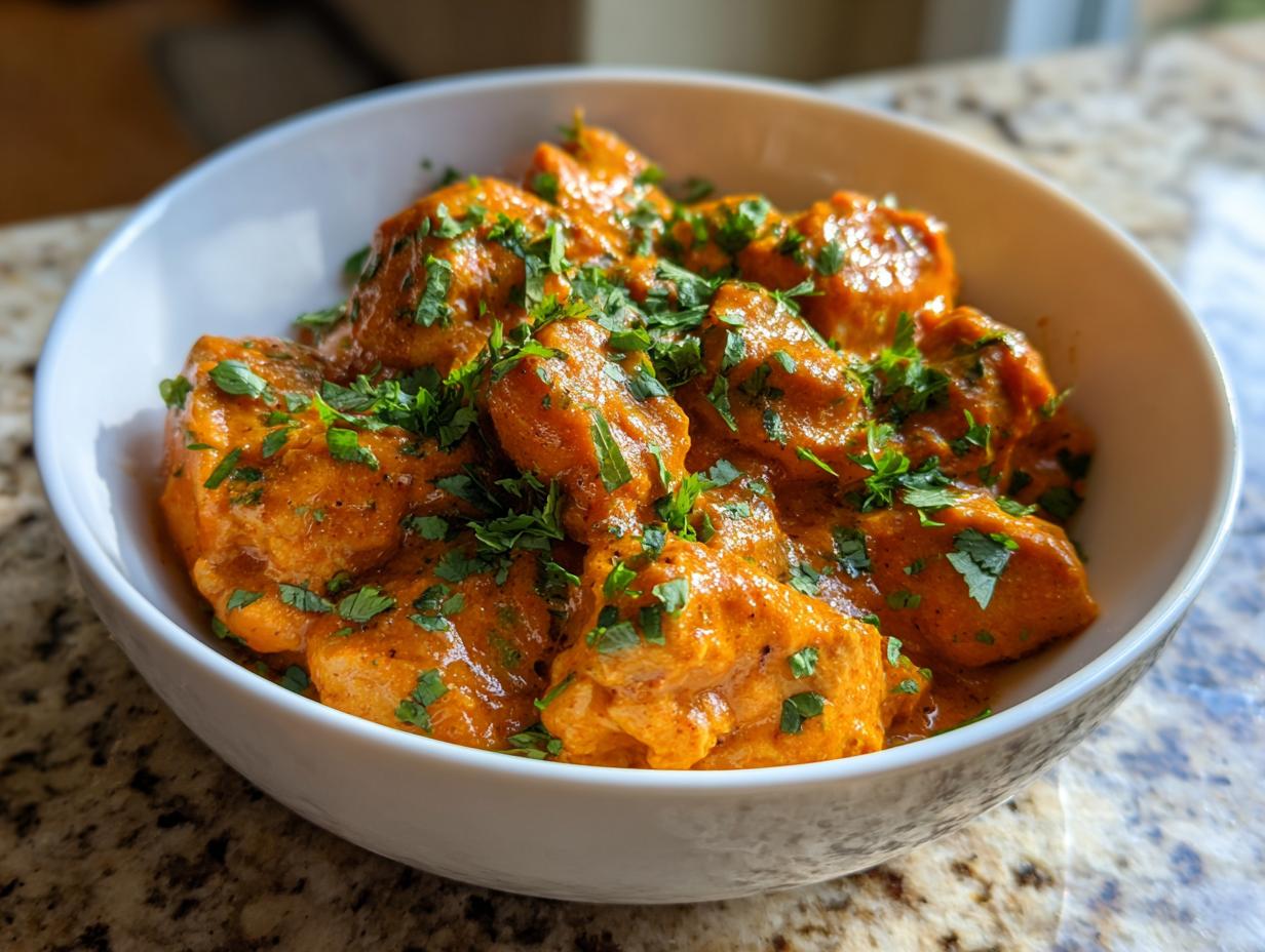 A white bowl filled with creamy, orange Butter Chicken, garnished with fresh chopped cilantro.