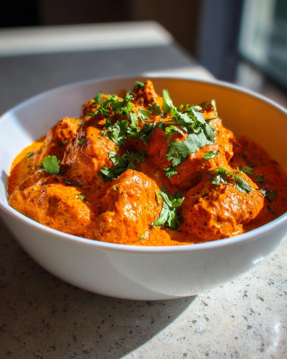 A close-up of a white bowl filled with rich, creamy Butter Chicken, garnished with fresh cilantro.