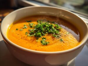 A steaming bowl of creamy butternut squash soup, garnished with fresh parsley and black pepper.