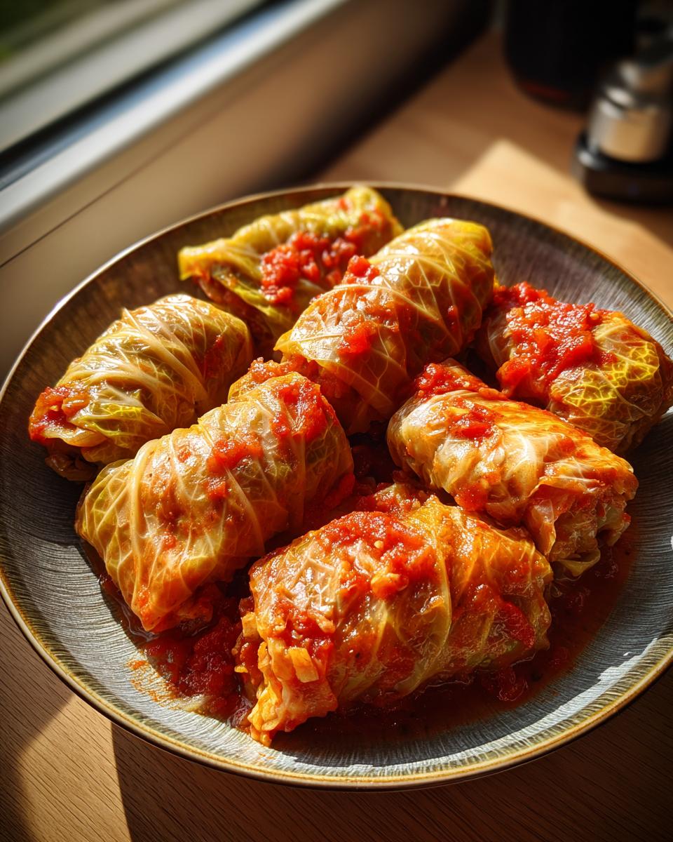 A plate full of delicious cabbage rolls, generously topped with a rich tomato sauce.