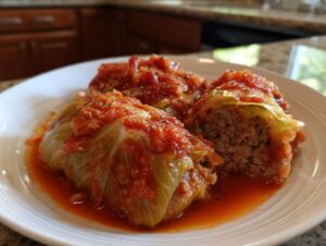 Three delicious cabbage rolls, one cut open to show the savory meat filling, served in a rich tomato sauce.