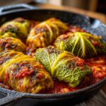 Close-up of hearty cabbage rolls simmering in a rich tomato sauce in a cast iron skillet.