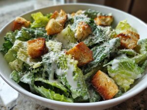 A close-up of a bowl of fresh Caesar salad, featuring crisp romaine lettuce, golden croutons, and grated Parmesan cheese.