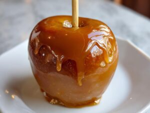 A close-up of a shiny, golden caramel apple on a wooden stick, dripping with smooth caramel sauce, served on a white plate.