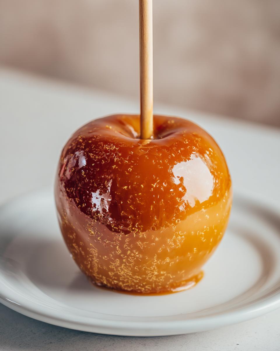 A perfectly coated caramel apple on a wooden stick, resting on a white plate.