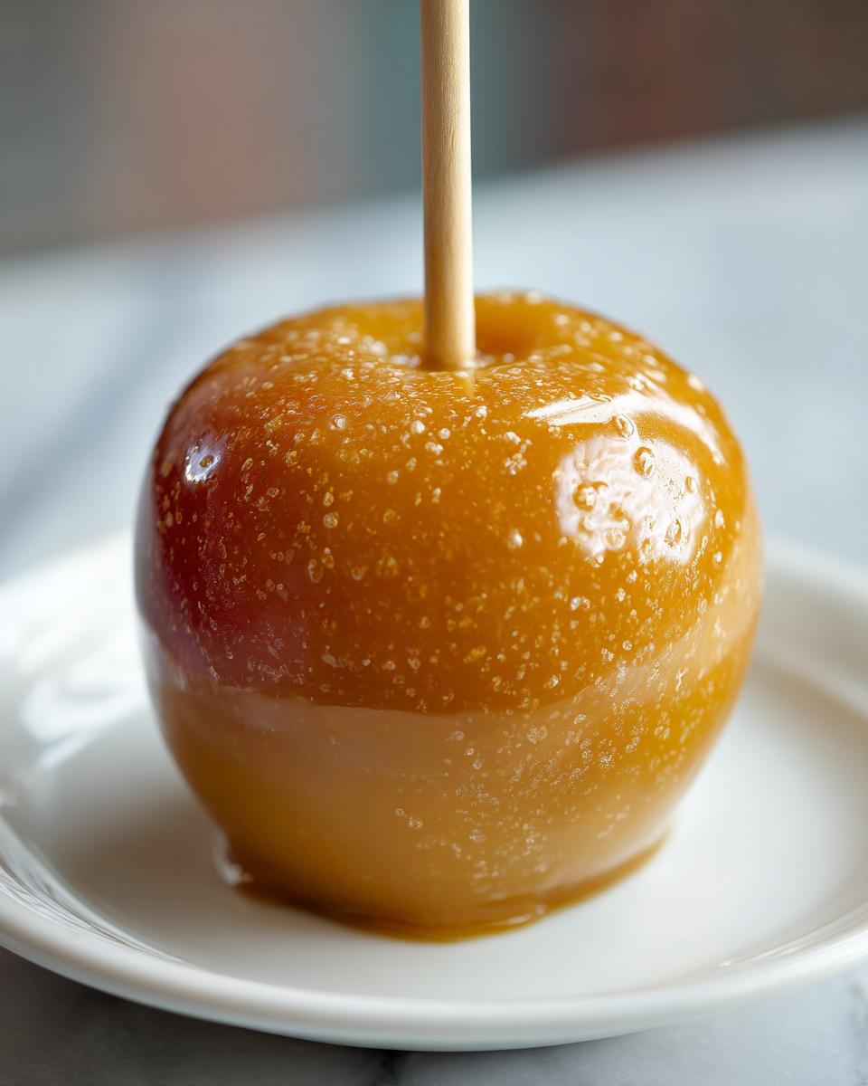 A close-up of a shiny, golden caramel apple on a white plate, ready to be enjoyed.