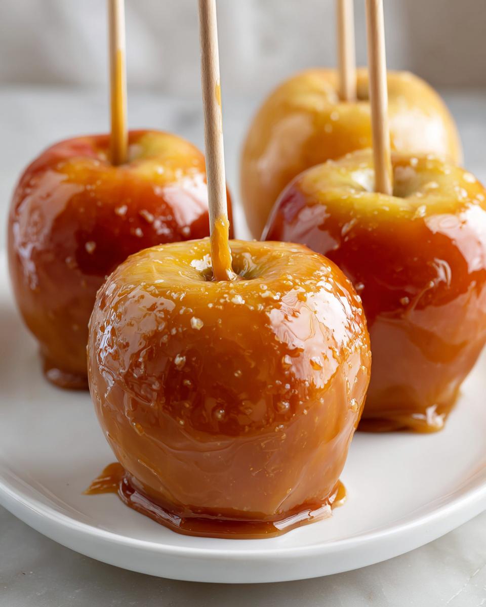 Close-up of four glossy caramel apples on sticks, arranged on a white plate, with some caramel dripping.