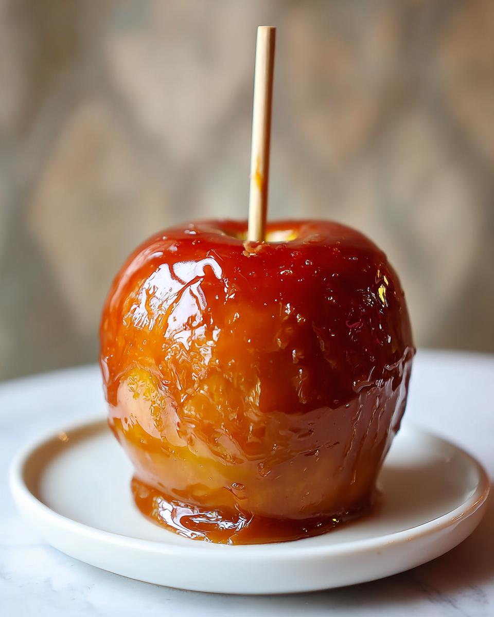 A perfectly coated caramel apple on a stick, resting on a white plate.