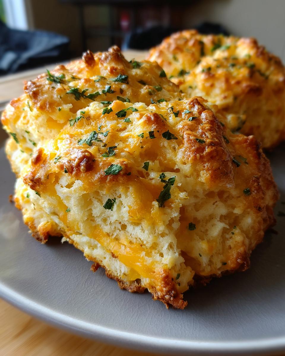 Close-up of golden-brown Cheddar Bay biscuits topped with fresh parsley and melted cheddar cheese.