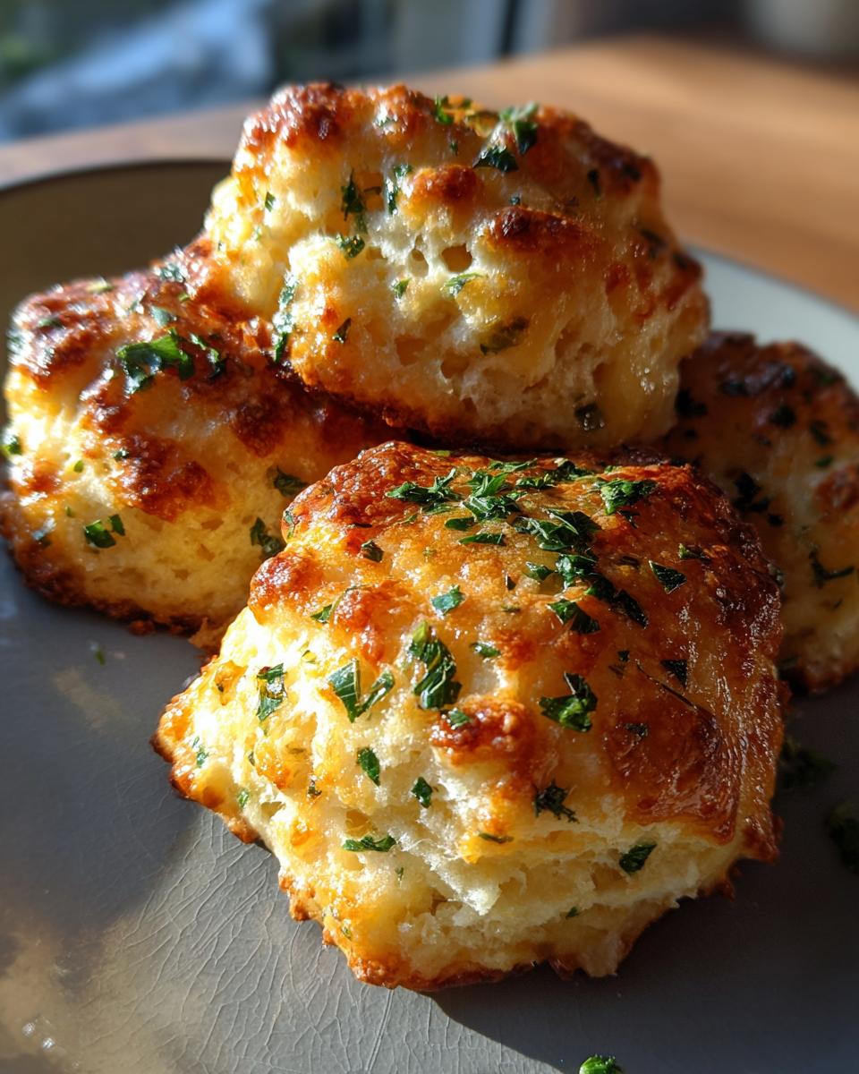 Close-up of golden-brown Cheddar Bay biscuits topped with melted cheese and fresh parsley.