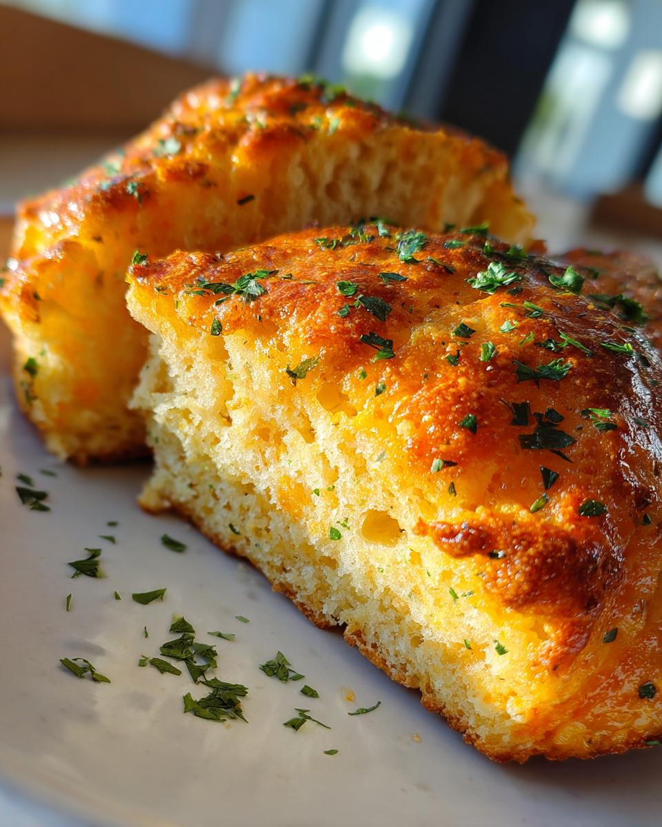 Close-up of two golden-brown Cheddar Bay biscuits, sprinkled with fresh parsley, on a white plate.