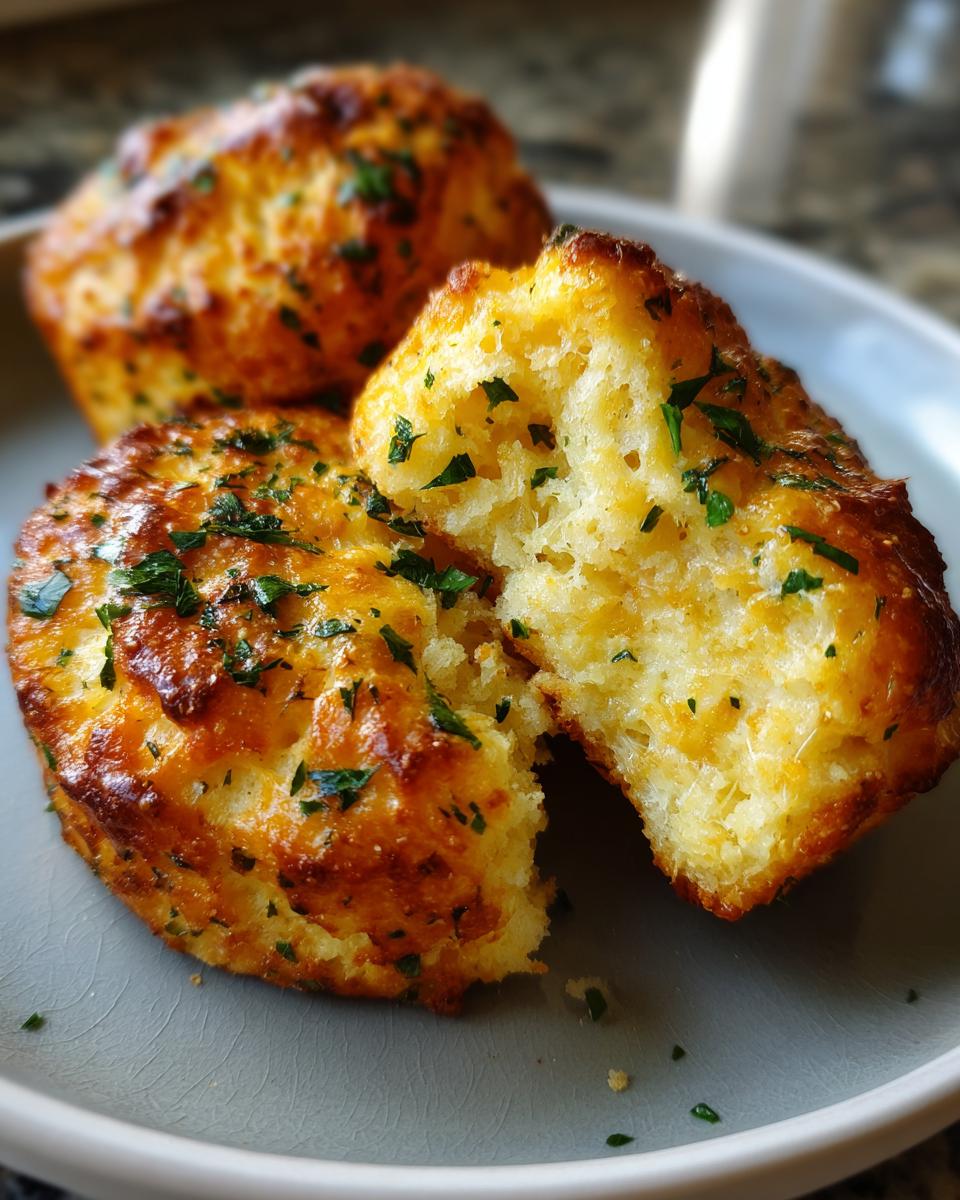 Close-up of freshly baked Cheddar Bay biscuits, one broken open to reveal a fluffy interior, sprinkled with parsley.