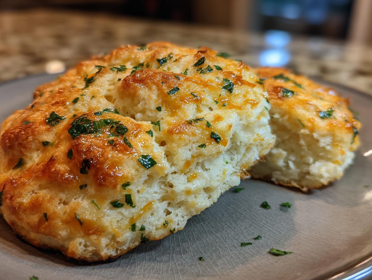 Close-up of two golden-brown Cheddar Bay biscuits topped with melted cheese and fresh parsley on a grey plate.