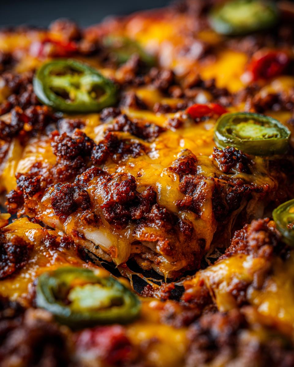 Close-up of cheesy nachos topped with seasoned ground beef and sliced jalapenos.