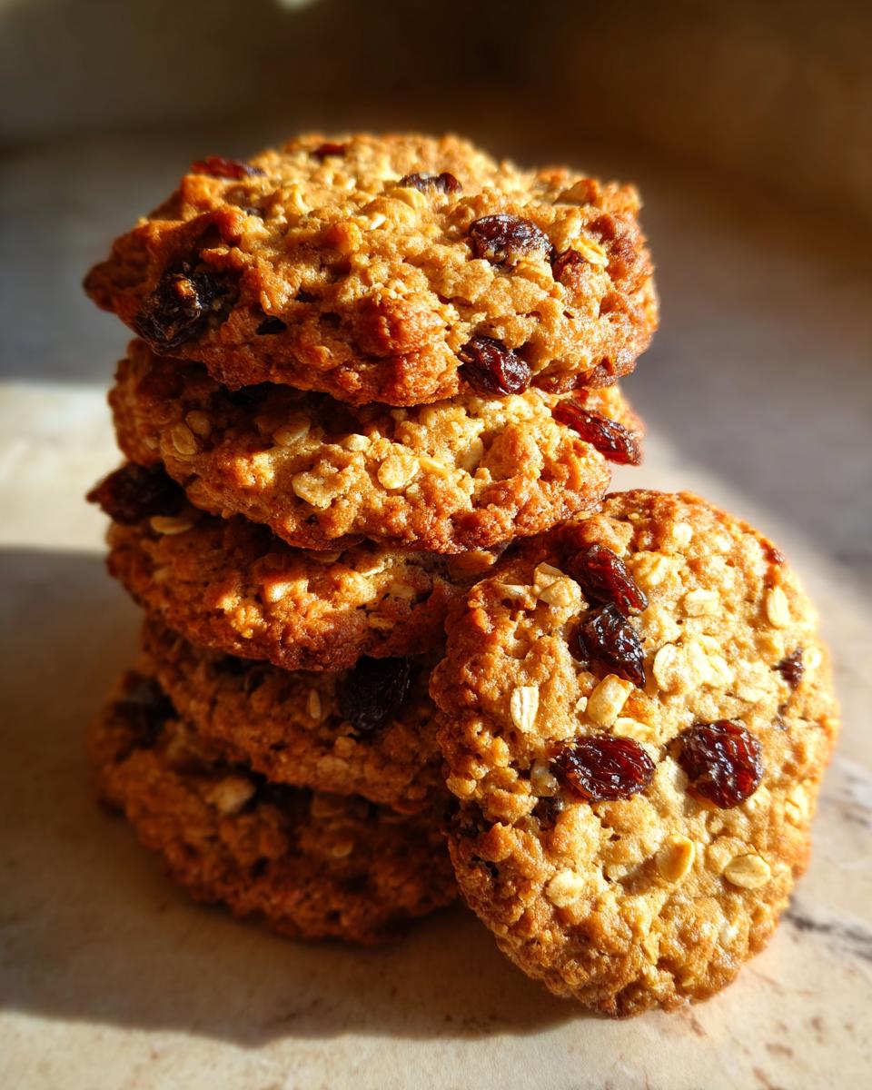 A stack of freshly baked chewy oatmeal cookies with raisins, with one cookie in front.