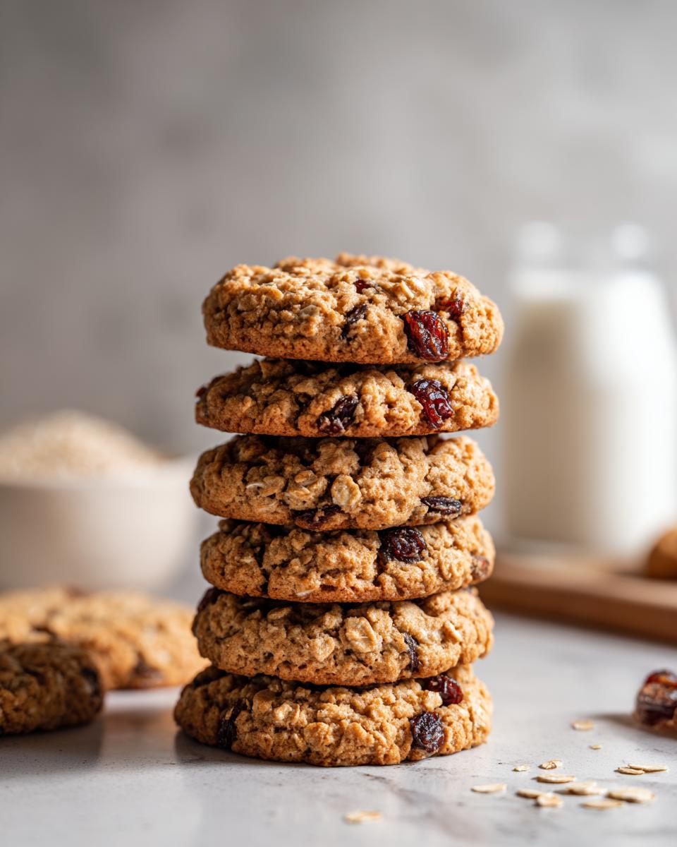 A tall stack of chewy oatmeal cookies, studded with raisins, ready to be enjoyed.