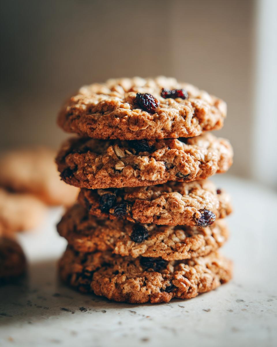 A stack of five delicious chewy oatmeal cookies with raisins, showcasing their texture and ingredients.