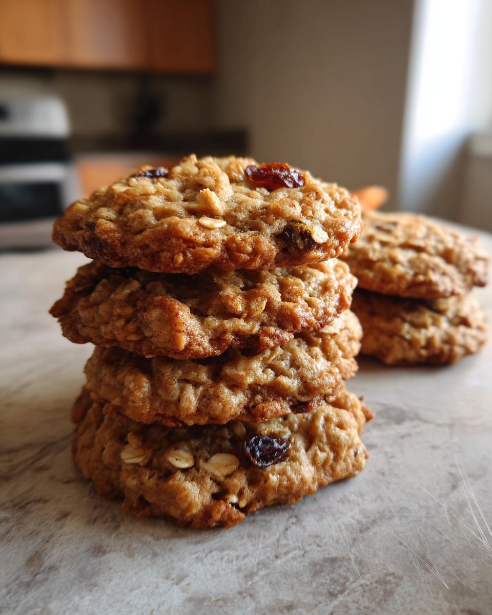 A stack of delicious chewy oatmeal cookies with raisins, ready to be enjoyed.