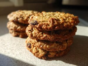 A stack of freshly baked chewy oatmeal cookies with raisins, bathed in warm sunlight.