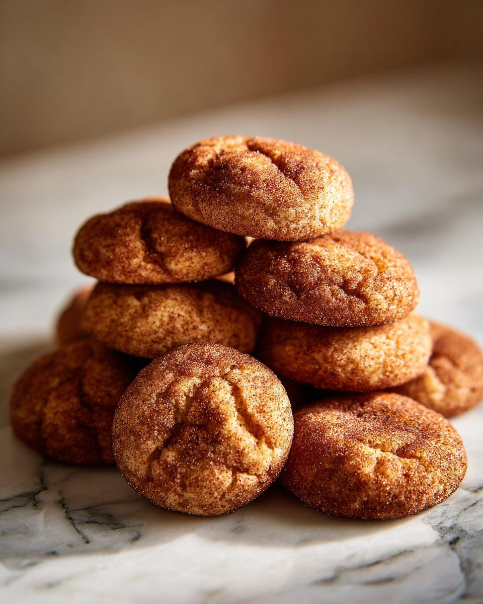 A close-up stack of freshly baked Snickerdoodle cookies, coated in cinnamon sugar, on a marble surface.