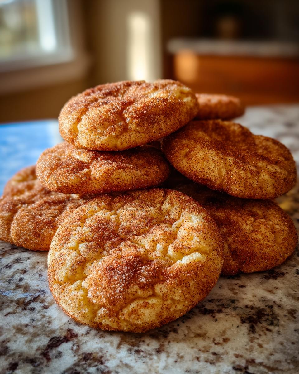 A close-up, stacked pile of freshly baked Snickerdoodles covered in cinnamon sugar.