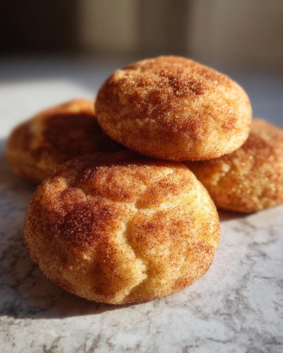 A close-up of three chewy Snickerdoodles cookies, generously coated in cinnamon sugar.