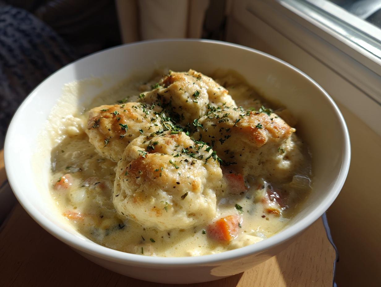 A close-up of a white bowl filled with creamy chicken and dumplings, garnished with parsley.