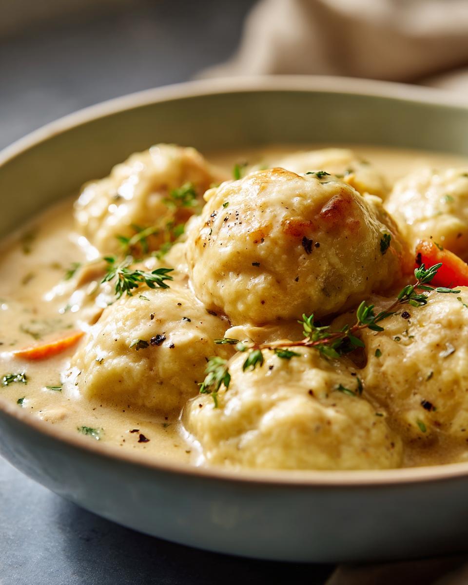 Close-up of a bowl filled with creamy chicken and dumplings, garnished with fresh thyme and black pepper.