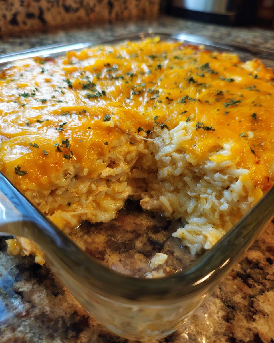 A close-up of a golden-brown chicken and rice casserole topped with melted cheese and parsley.