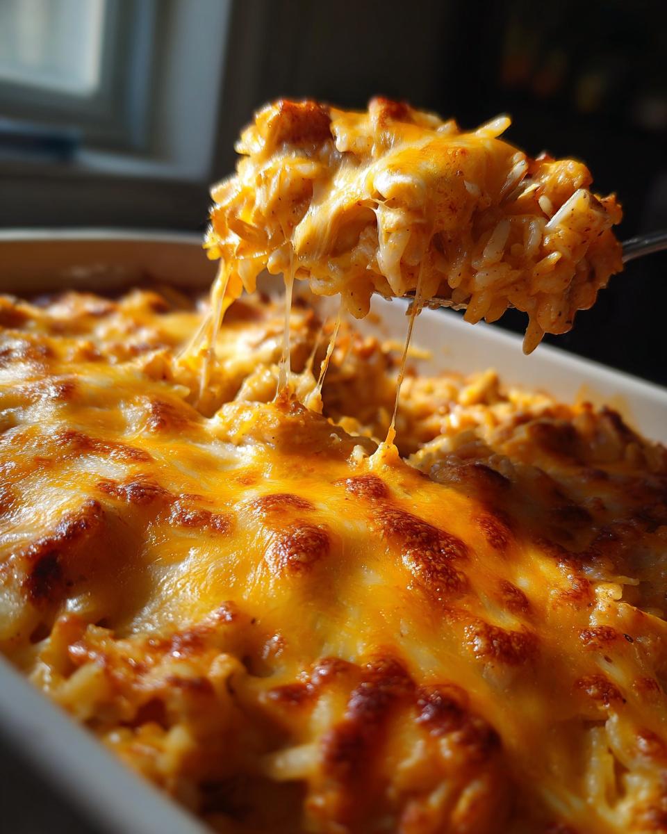 A spoonful of cheesy chicken and rice casserole, with melted cheese stretching.