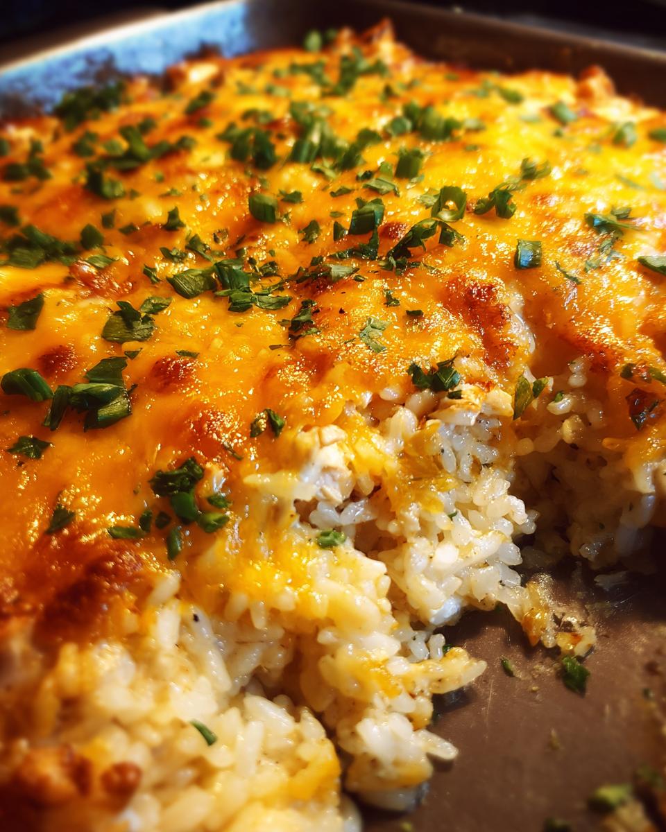 Close-up of a bubbly chicken and rice casserole topped with melted golden cheese and fresh chopped chives.