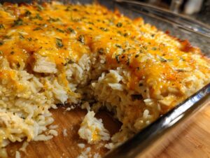 A close-up view of a bubbly chicken and rice casserole, topped with melted cheddar cheese and sprinkled with parsley.