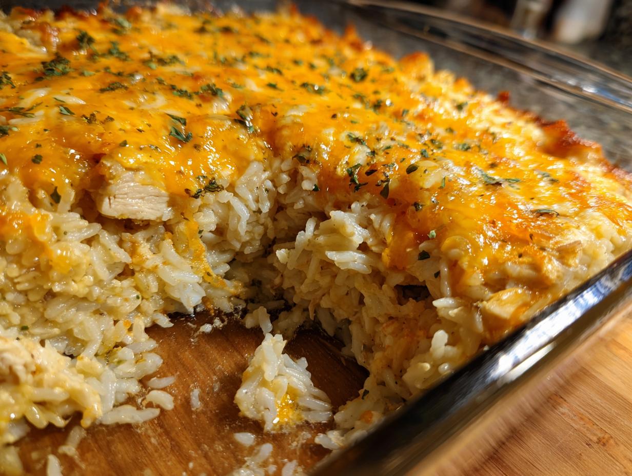 A close-up view of a bubbly chicken and rice casserole, topped with melted cheddar cheese and sprinkled with parsley.