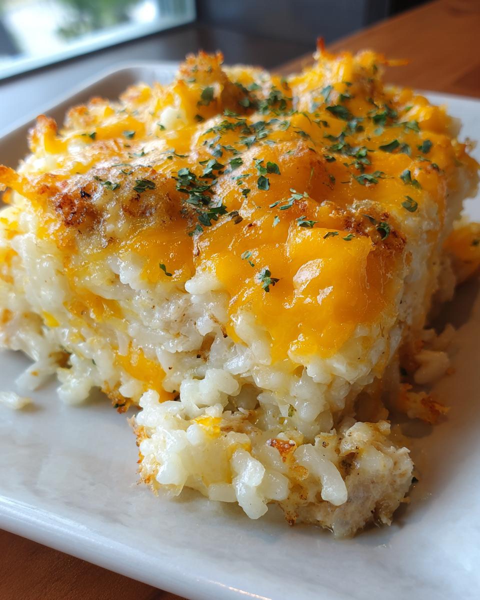 A close-up of a slice of chicken and rice casserole topped with melted cheddar cheese and parsley.