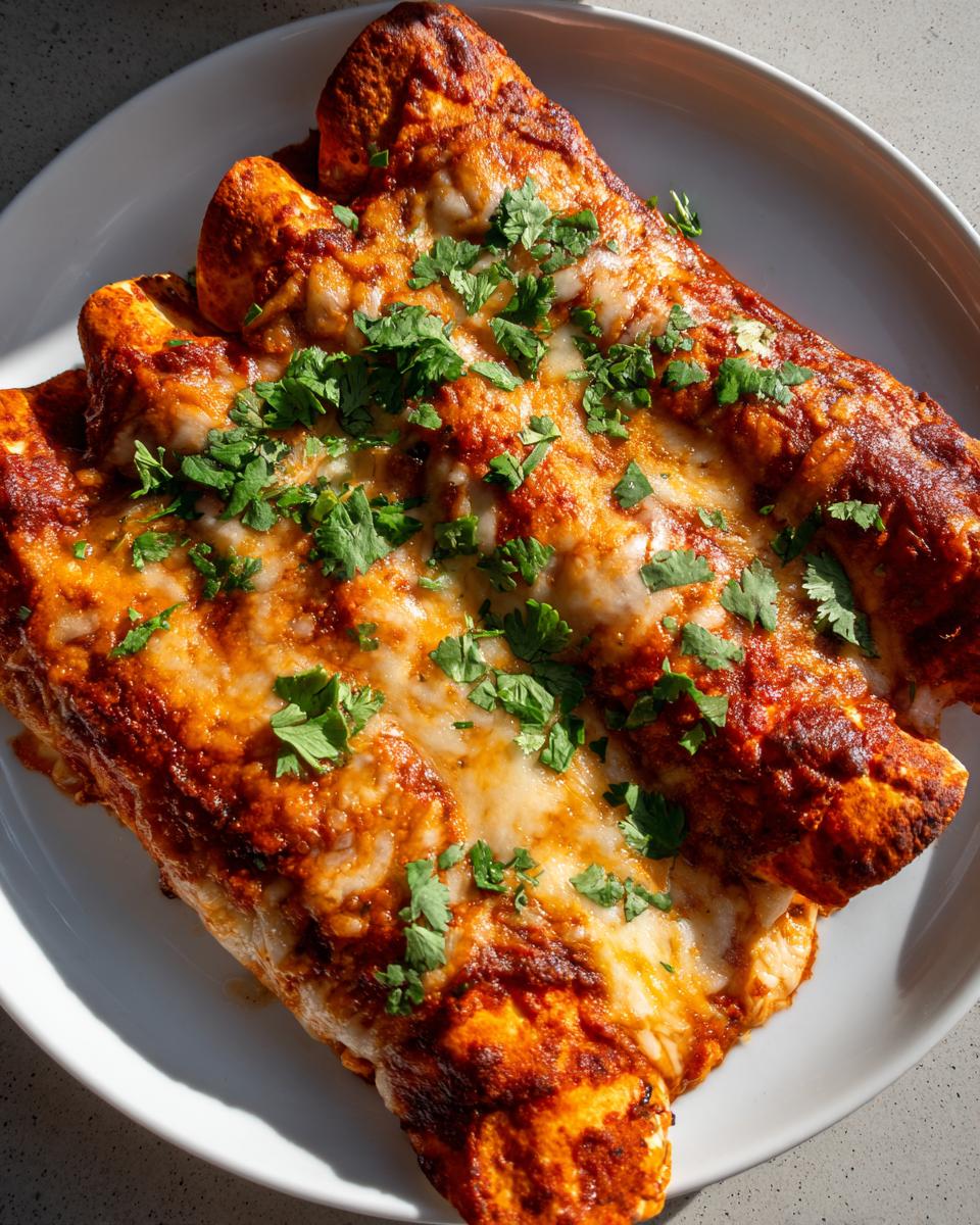 Close-up of three baked chicken enchiladas covered in red sauce and melted cheese, garnished with fresh cilantro.
