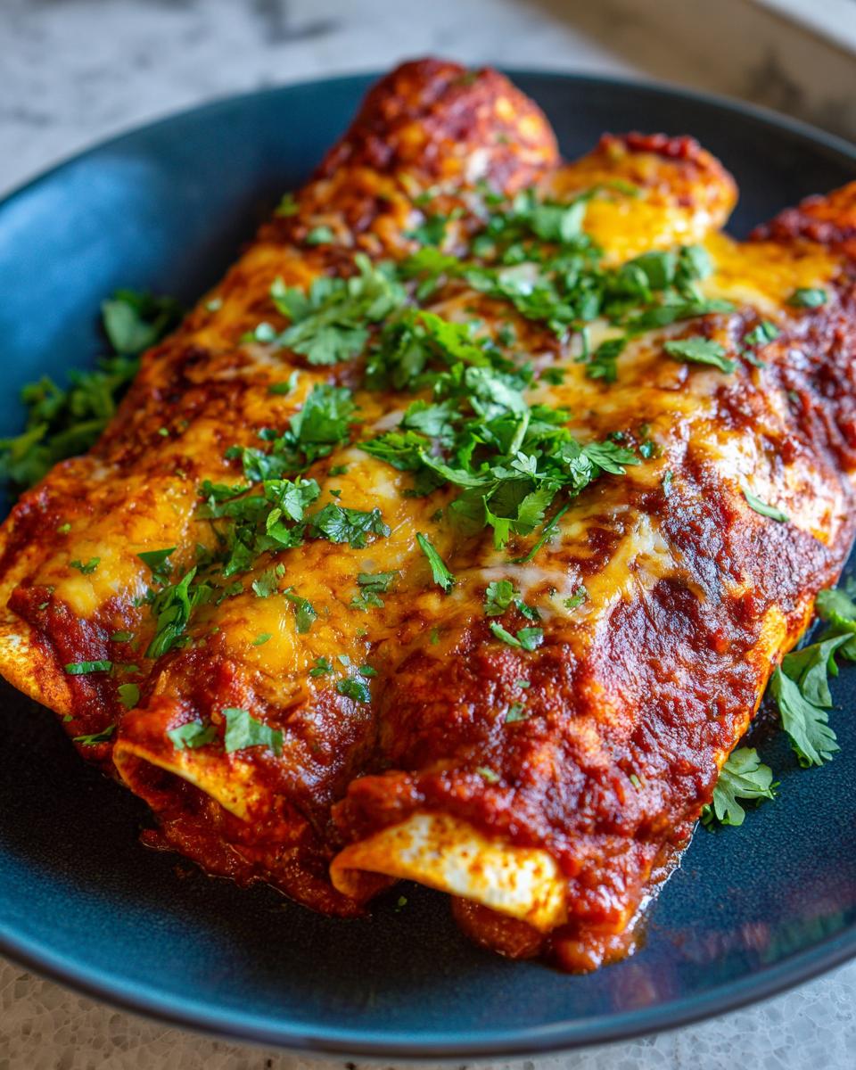 A close-up of three delicious chicken enchiladas smothered in red sauce and melted cheese, garnished with fresh cilantro.