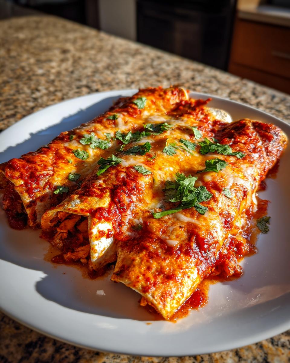 Three delicious chicken enchiladas covered in red sauce and melted cheese, garnished with cilantro.