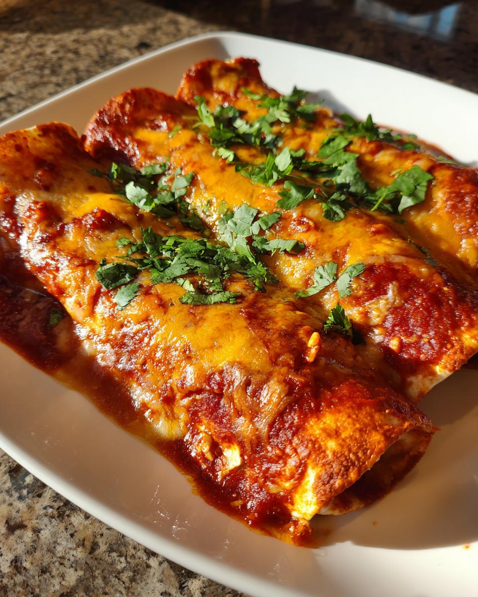 Close-up of three delicious chicken enchiladas covered in red sauce and melted cheese, garnished with cilantro.