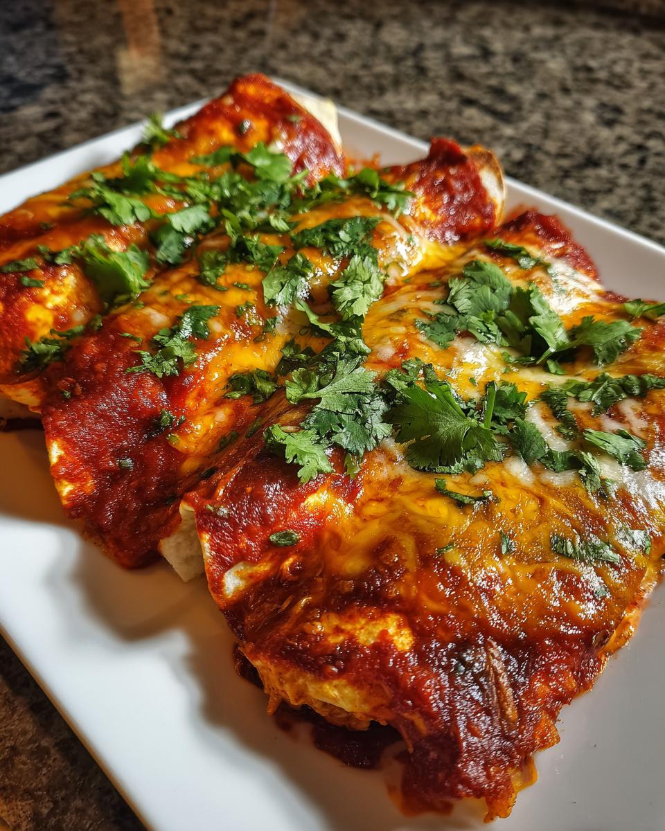 A close-up of three delicious chicken enchiladas covered in red sauce and melted cheese, garnished with fresh cilantro.