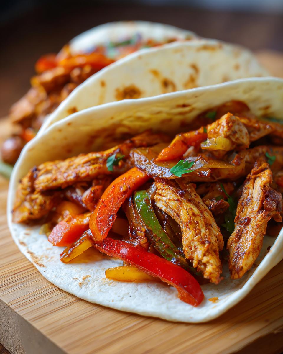 Close-up of two chicken fajitas filled with seasoned chicken strips, colorful bell peppers, and onions, garnished with parsley.