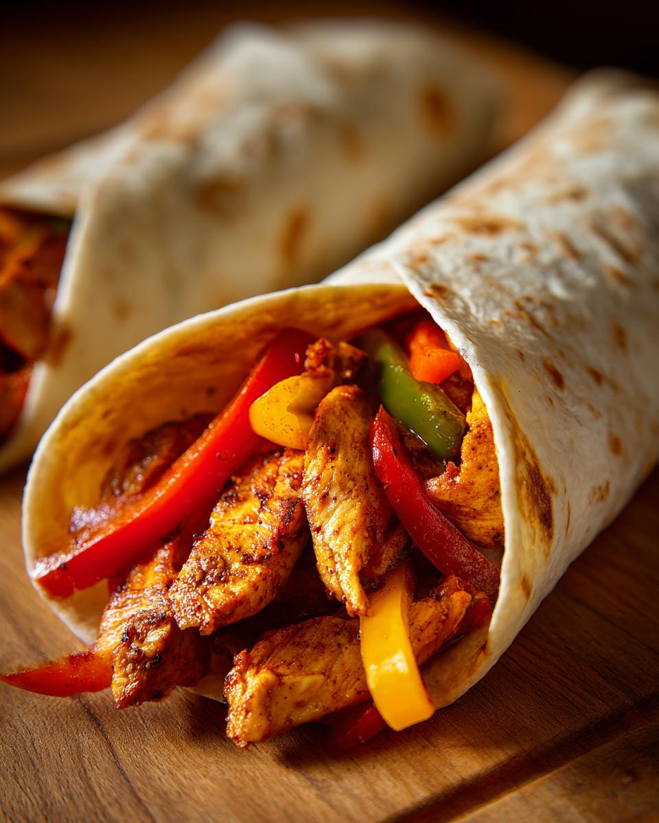 Close-up of a chicken fajita filled with seasoned chicken strips, red, yellow, and green bell peppers.