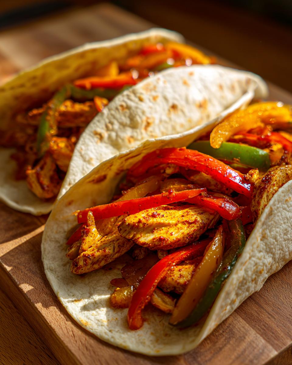 Close-up of two chicken fajitas filled with seasoned chicken strips, red and green bell peppers, and onions.
