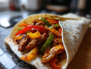 Close-up of a warm tortilla filled with seasoned chicken strips and colorful bell peppers, showcasing delicious chicken fajitas.