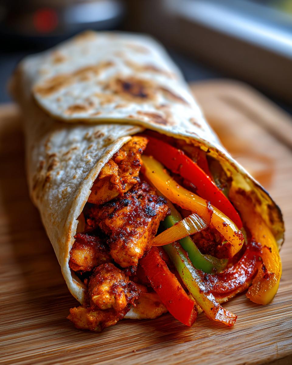 A close-up of a chicken fajitas wrap filled with seasoned chicken, red, yellow, and green bell peppers.