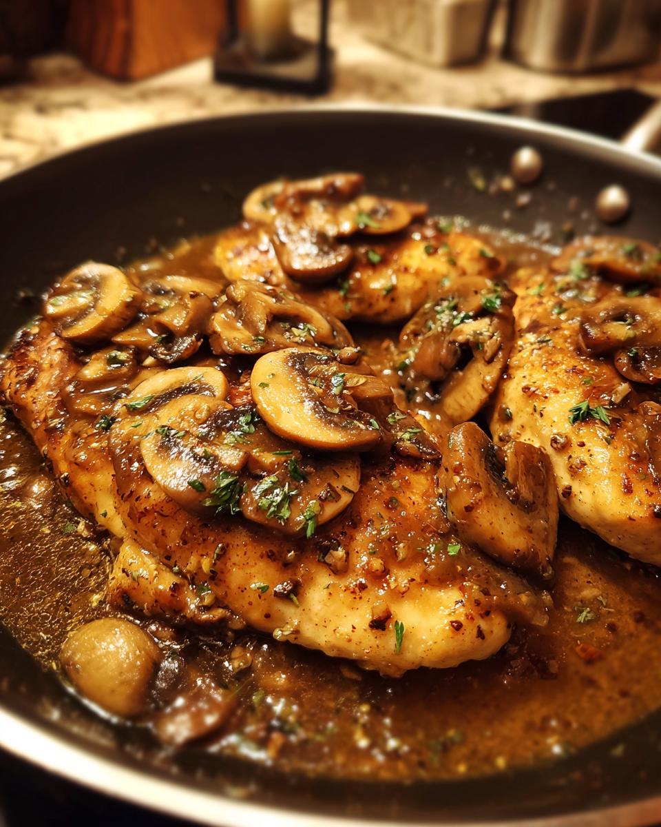 Close-up of Chicken Marsala in a pan, topped with sliced mushrooms and a rich sauce, garnished with parsley.