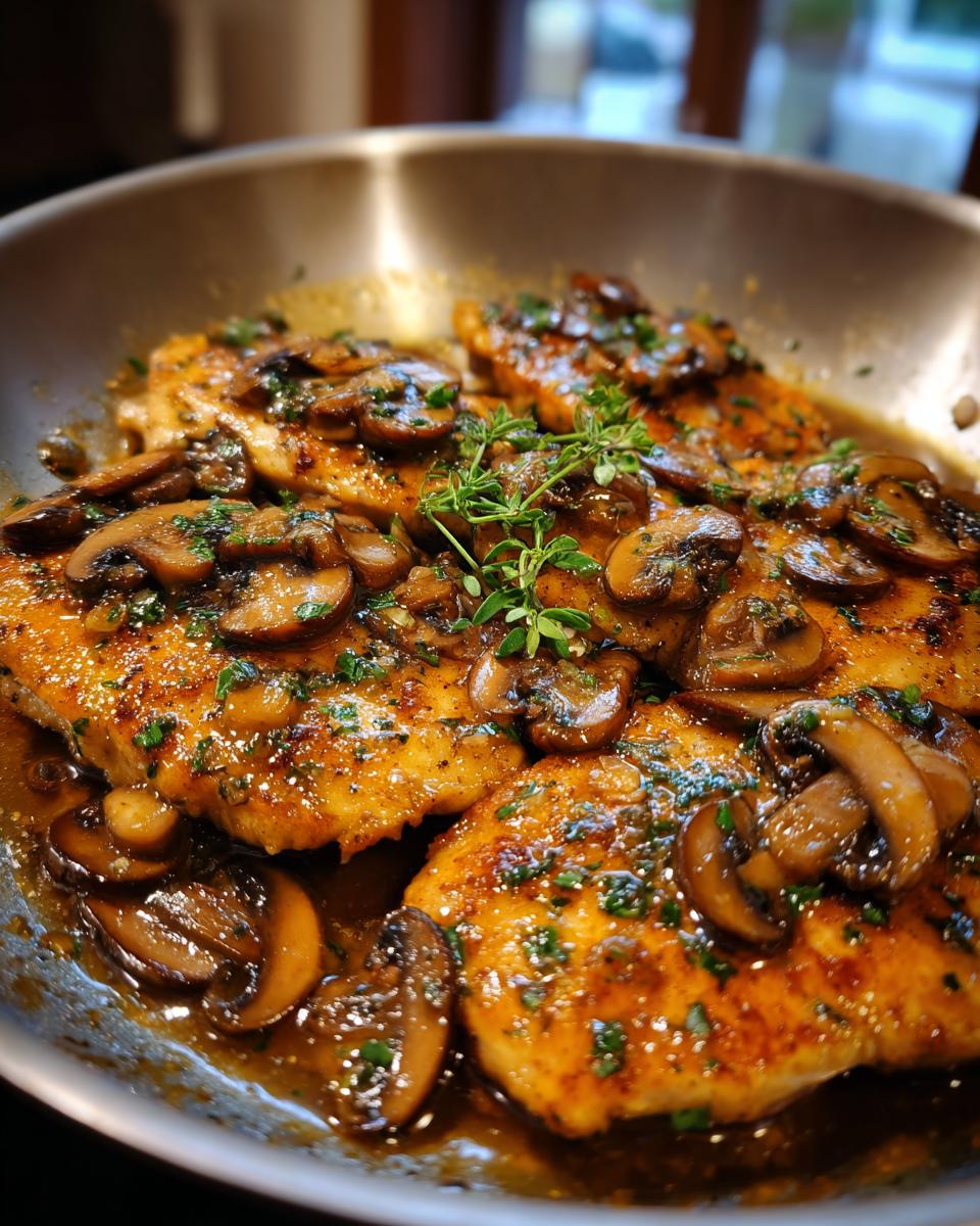 Close-up of Chicken Marsala in a pan, featuring tender chicken pieces topped with sautéed mushrooms and a rich Marsala sauce.