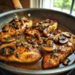 Close-up of Chicken Marsala in a pan, topped with sliced mushrooms and parsley.