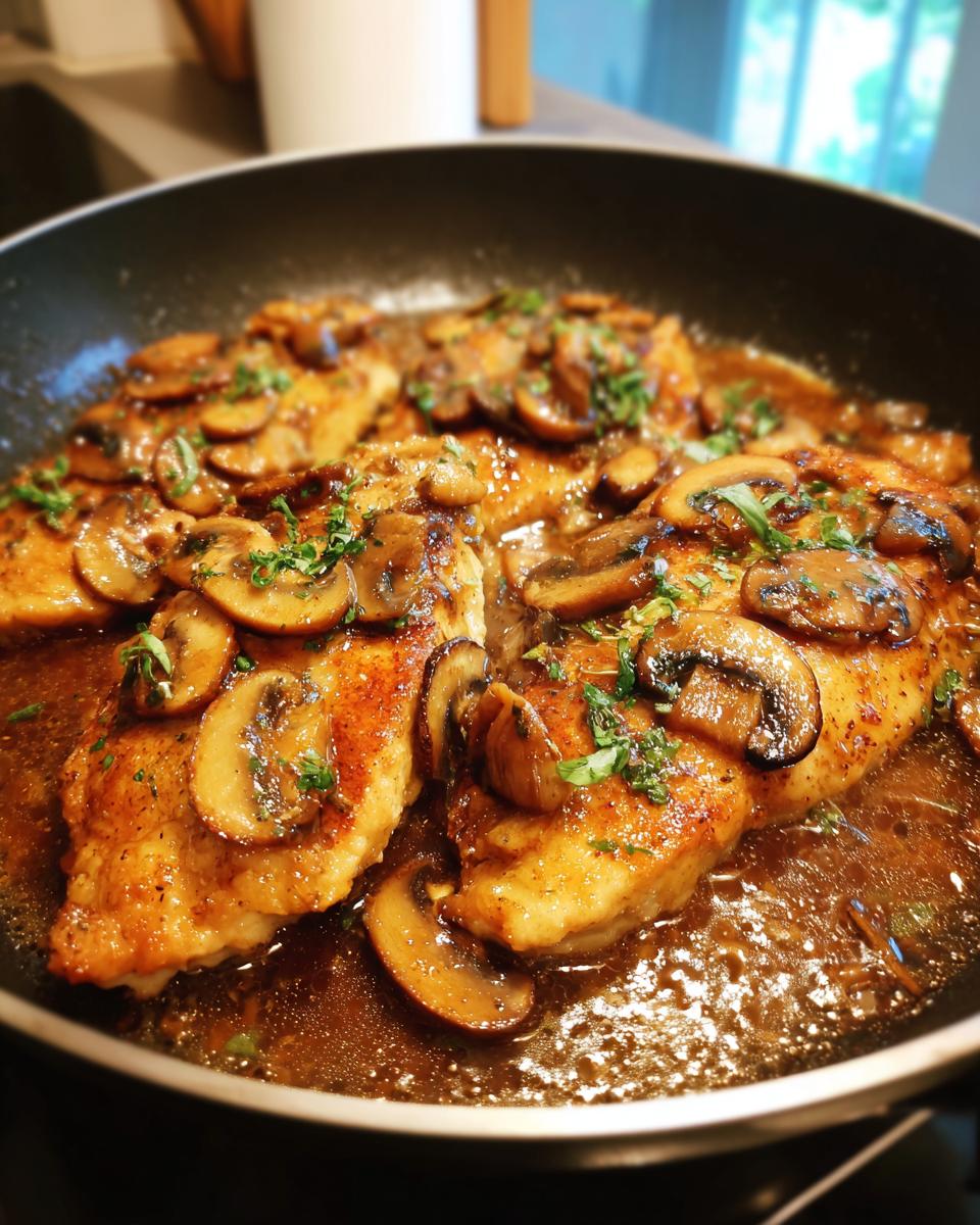 Close-up of Chicken Marsala with sliced mushrooms and rich sauce in a skillet, garnished with parsley.