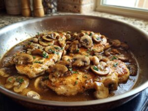 A close-up of tender Chicken Marsala in a skillet, topped with sautéed mushrooms and fresh parsley.